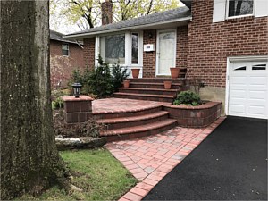 split level porch red gray grey paver mix bullnose asphalt driveway brick pavers stoop step steps syosset light pier post planter box bed